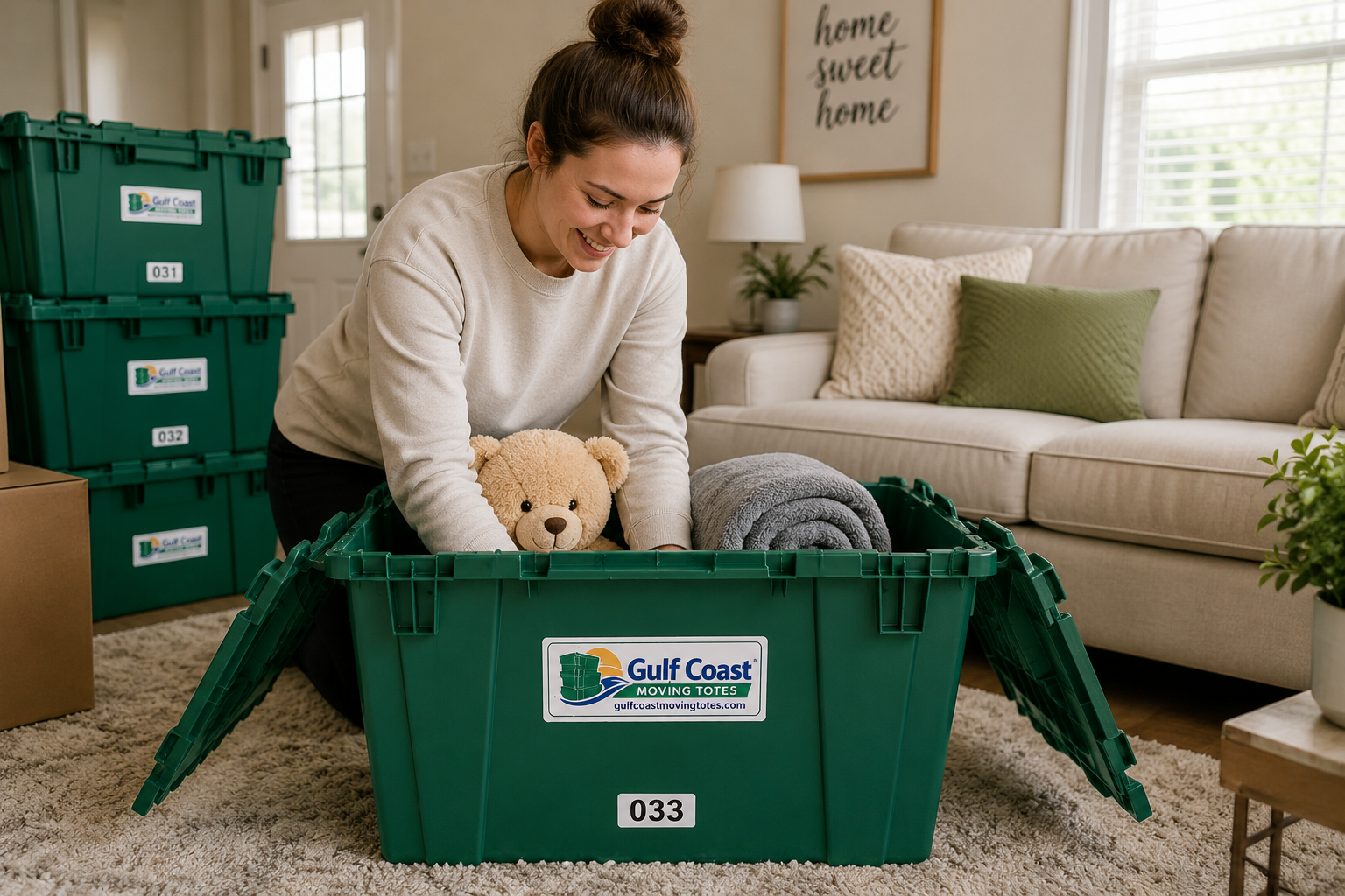 Customer packing a Gulf Coast Moving Tote in her living room