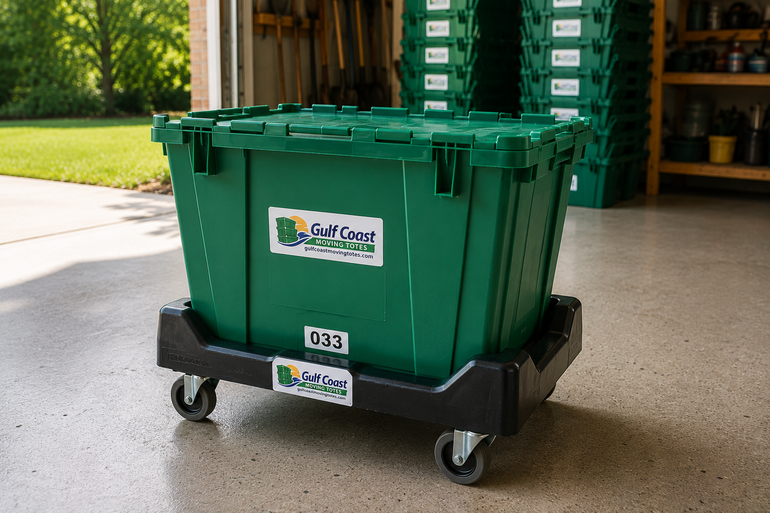 Gulf Coast Moving Tote #033 loaded on a heavy-duty dolly with inventory in the background